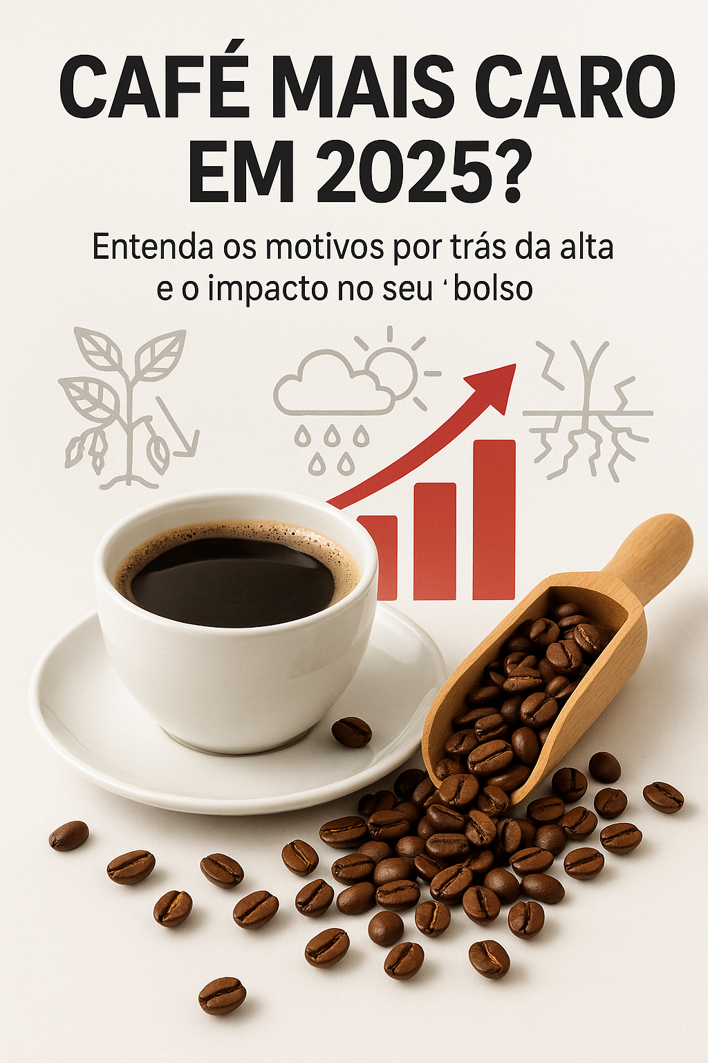 Ilustração sobre a alta do preço do café em 2025, com xícara de café, grãos e gráfico de alta